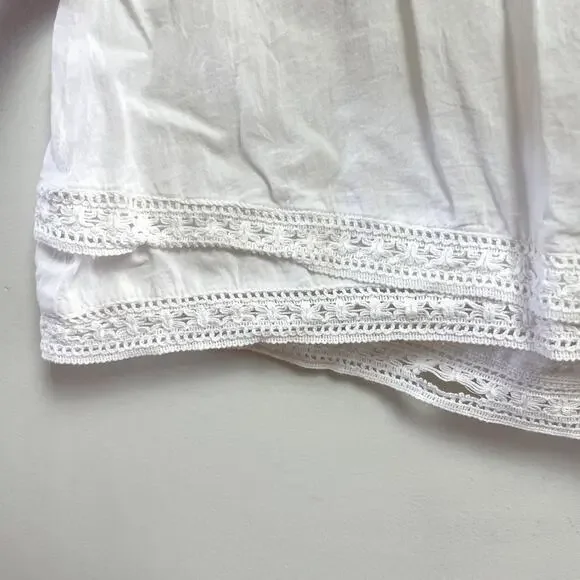 White Pintuck Boho Crochet Fringe Tunic Top Small Cotton Flutter Sleeve Coastal - Picture 4 of 8